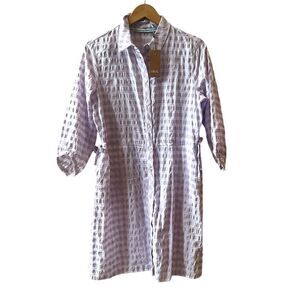Cecil Gingham Shirt Dress Small Gauzy White Lilac Pockets Adjustable Waist NWT